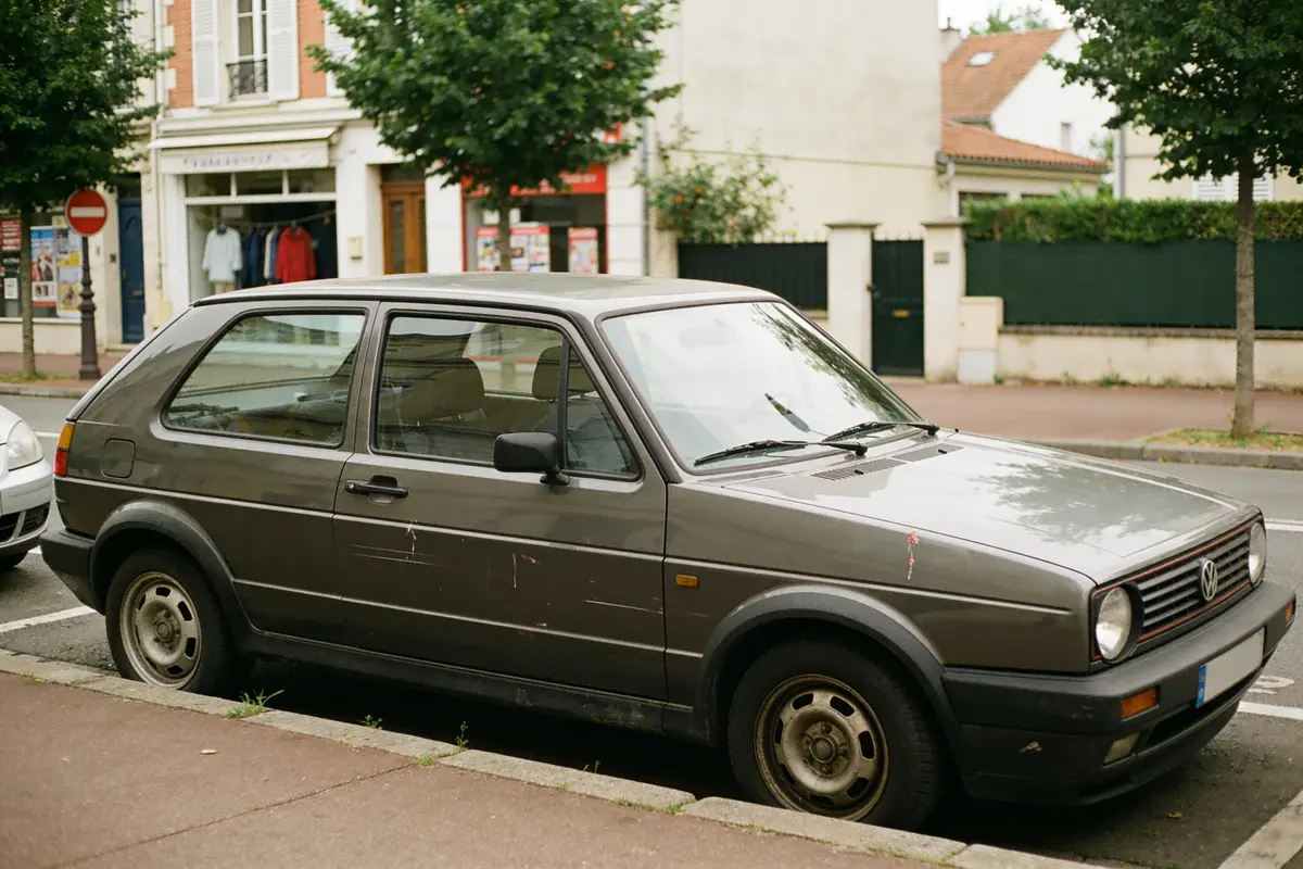 Voiture grise ancienne garée devant boutiques, arbres en arrière-plan, rue calme.