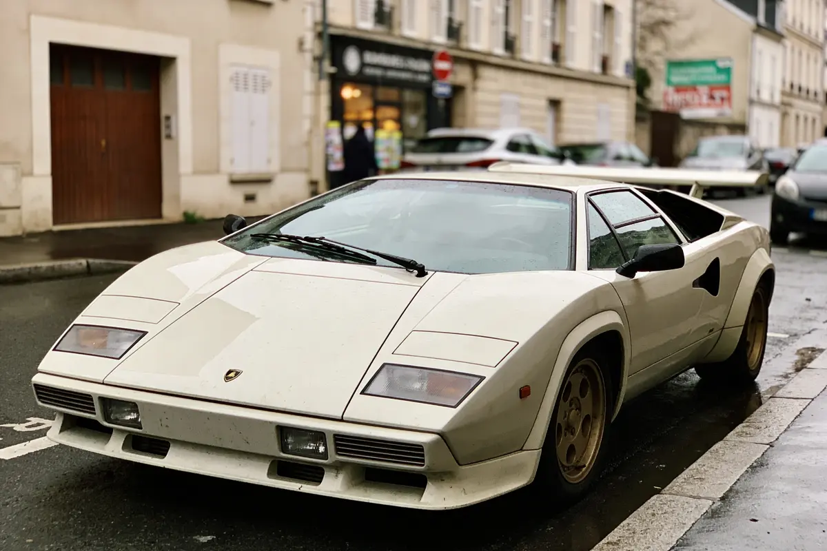 Voiture de sport blanche garée dans une rue, devant des bâtiments résidentiels et commerces. Route mouillée.