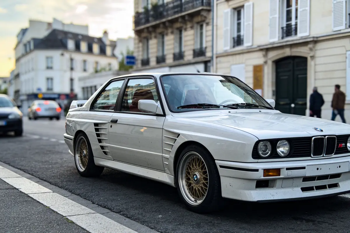 Voiture classique blanche BMW garée dans une rue urbaine avec bâtiments en arrière-plan.