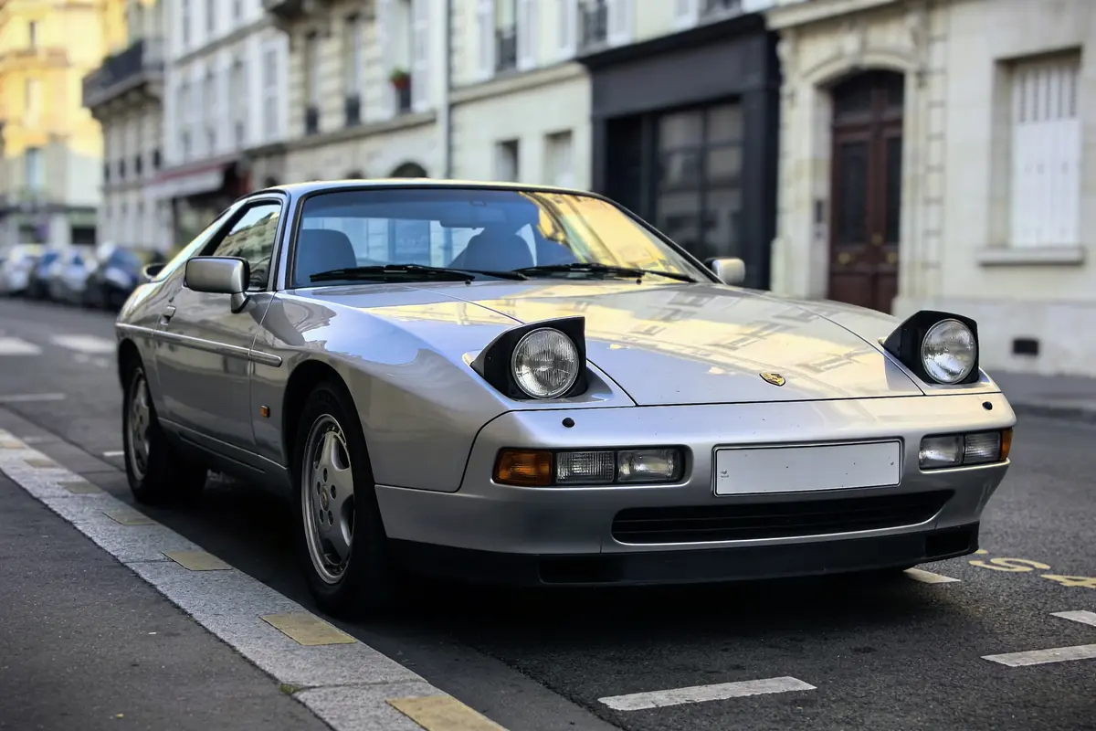 Voiture de sport grise stationnée dans une rue urbaine, bâtiments en arrière-plan.