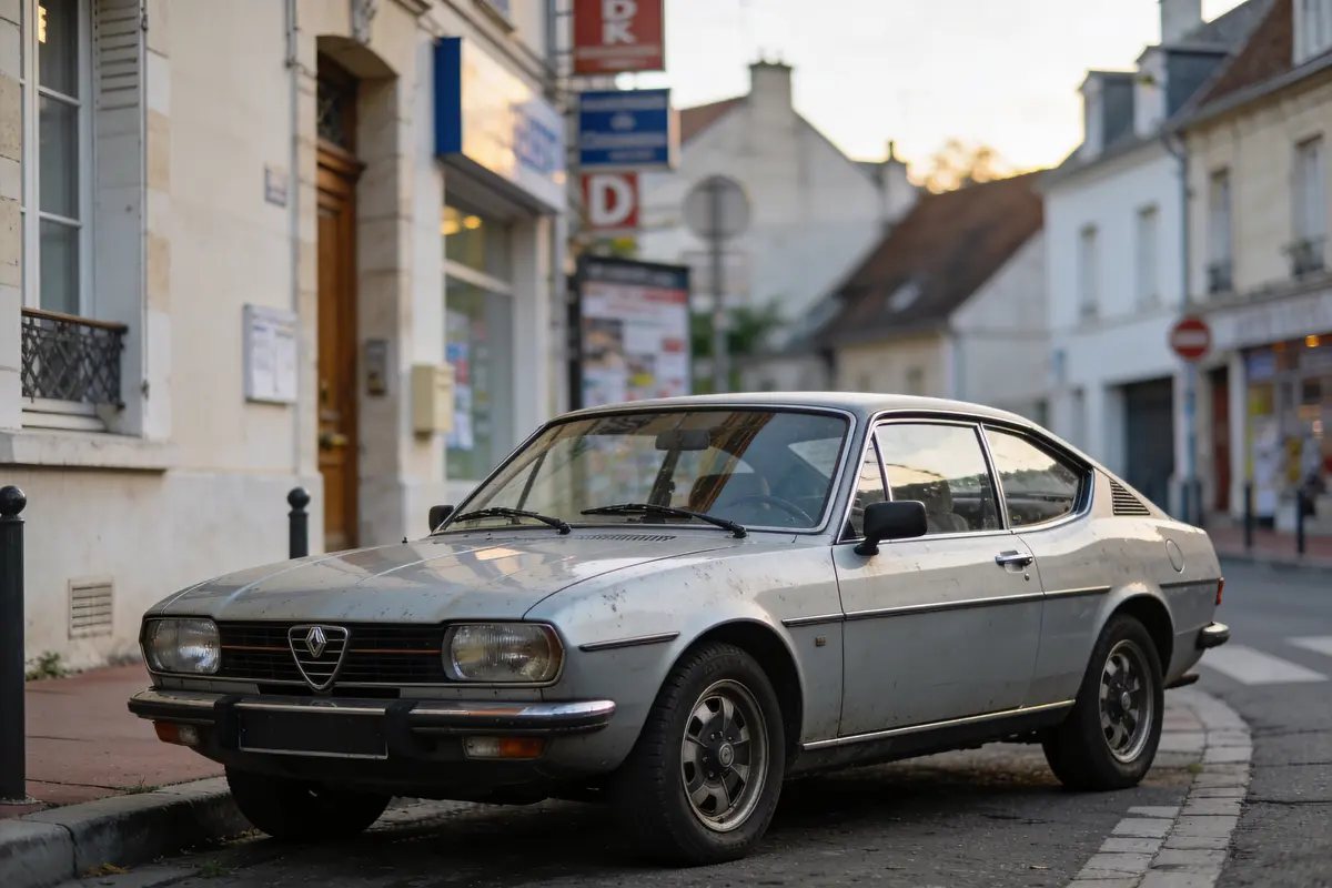 Voiture vintage grise garée dans une rue urbaine, bâtiments à l'arrière-plan.