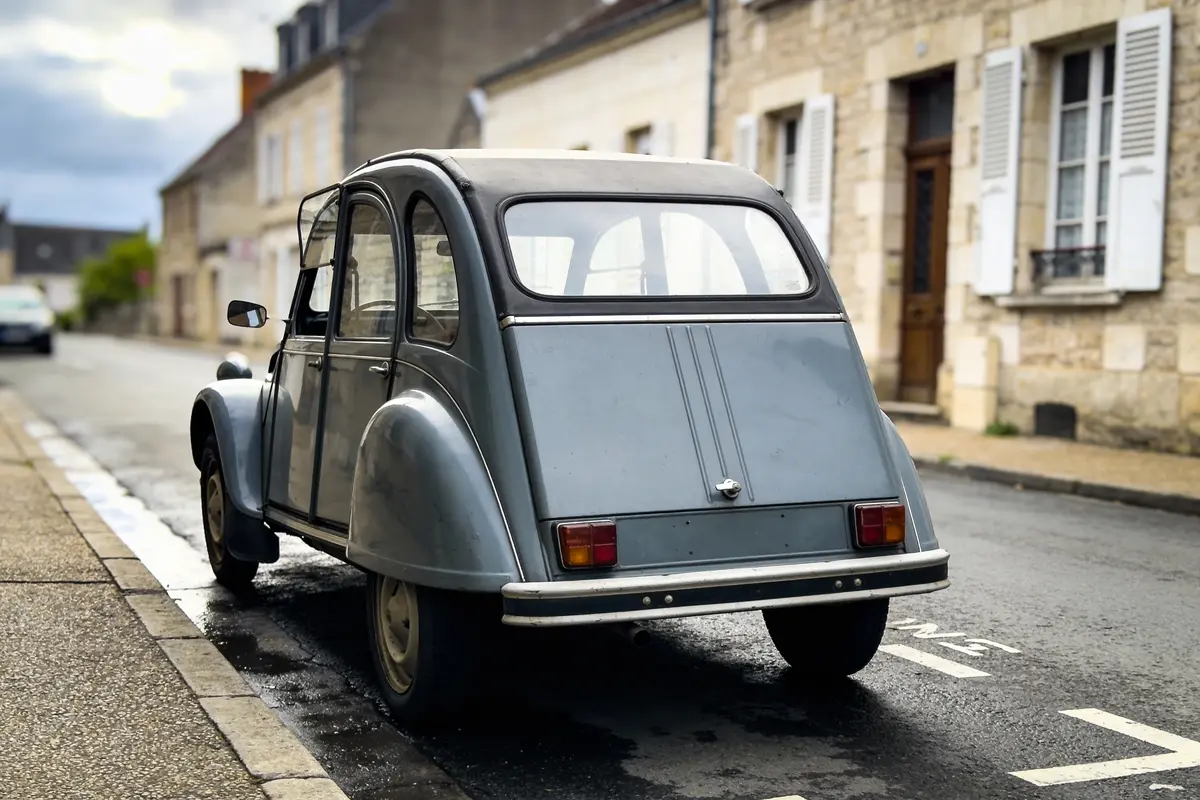 Vieille voiture grise garée dans une rue pavée, façades de maisons en pierre en arrière-plan.