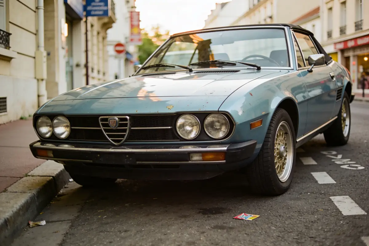 Voiture ancienne bleue stationnée dans une rue urbaine bordée d'immeubles et de panneaux de signalisation.