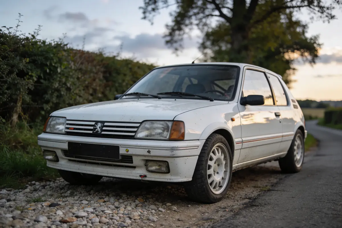 Voiture blanche garée sur un chemin rural avec arrière-plan naturel, ciel nuageux.