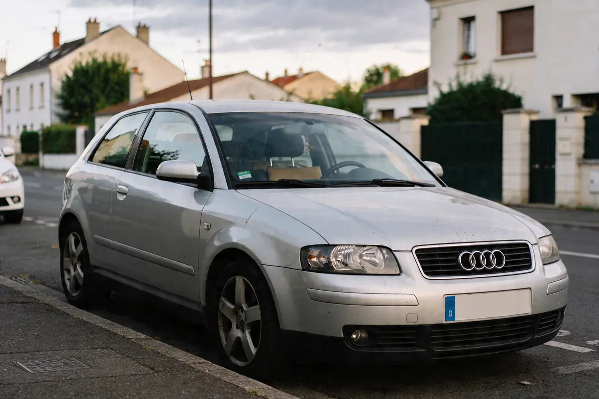 Voiture Audi argentée stationnée sur rue résidentielle, maisons en arrière-plan.