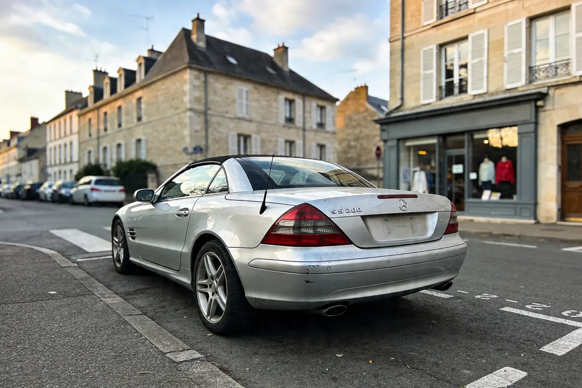 Voiture argentée garée dans une rue, devant des bâtiments en pierre, ciel dégagé.