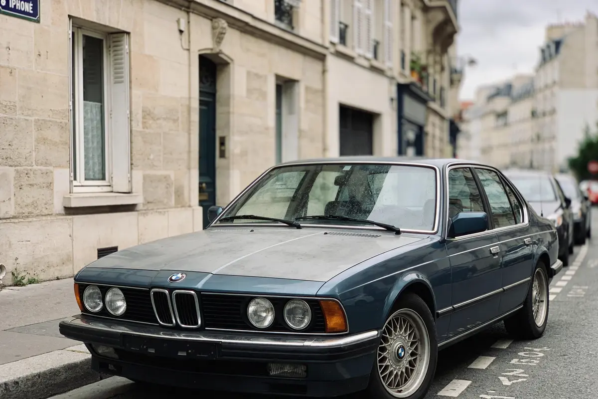 Voiture BMW vintage bleue garée dans une rue urbaine avec bâtiments en arrière-plan.