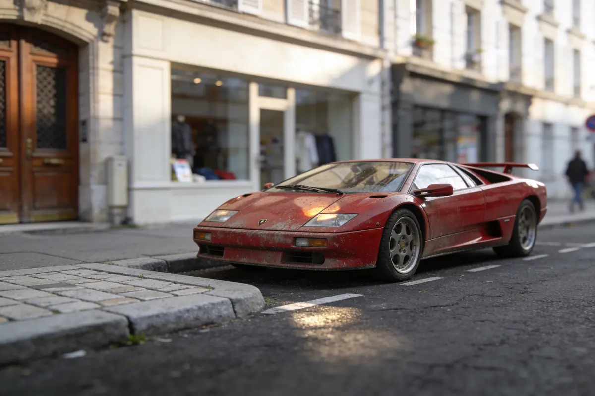Voiture de sport rouge sale garée devant un magasin en ville.