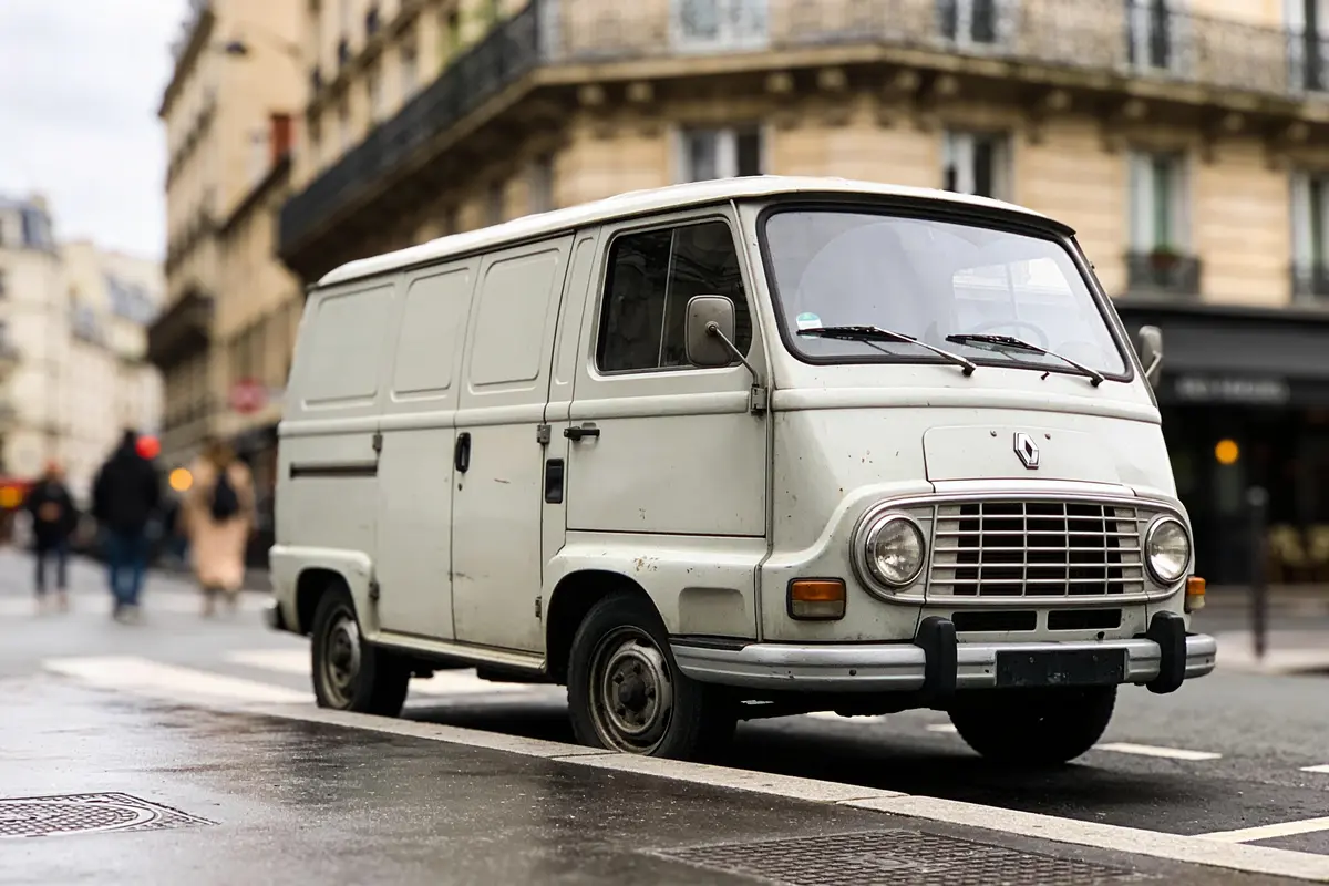 Une vieille camionnette blanche stationnée dans une rue parisienne avec bâtiments historiques en arrière-plan.