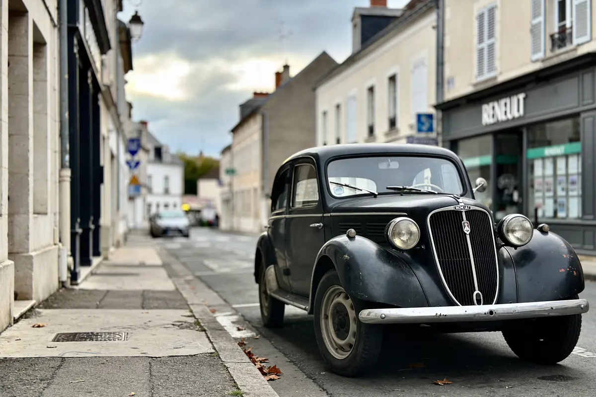 Voiture vintage noire garée dans une rue de ville française, devant un magasin "Renault".