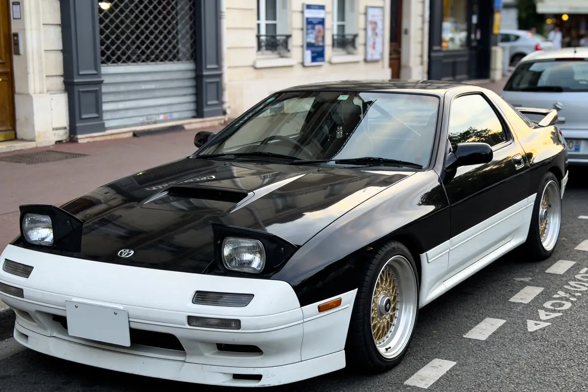 Voiture noire et blanche garée sur la rue, phares escamotables, jantes dorées, devant bâtiments urbains.
