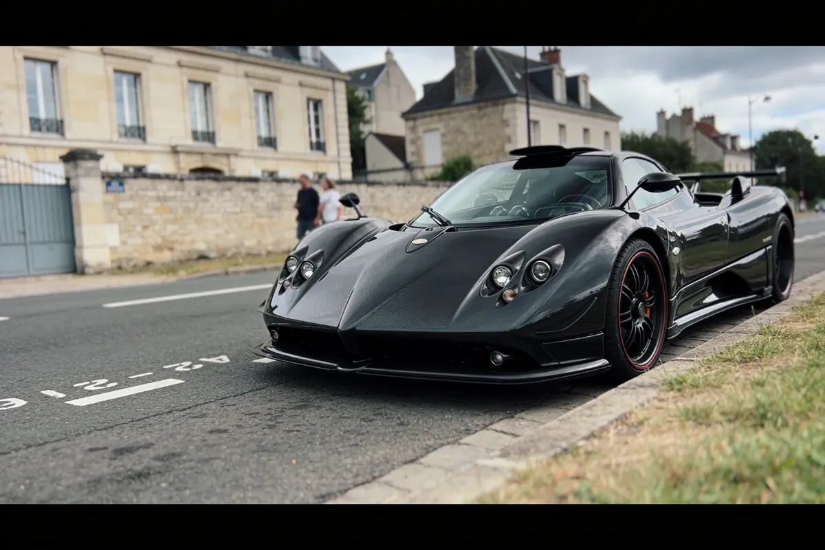 Voiture de sport noire garée dans une rue, bâtiments historiques en arrière-plan, deux personnes marchant.