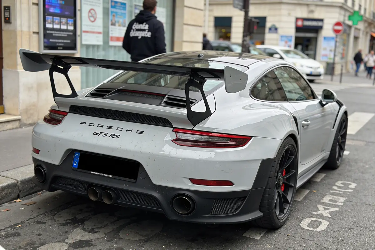 Voiture Porsche GT3 RS grise stationnée, visible de l'arrière avec un grand aileron, en ville.