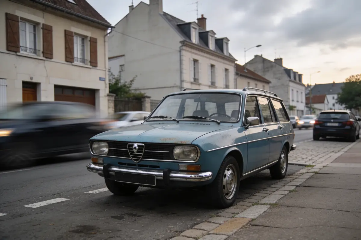 Voiture ancienne bleue stationnée dans une rue résidentielle, avec des bâtiments en arrière-plan.