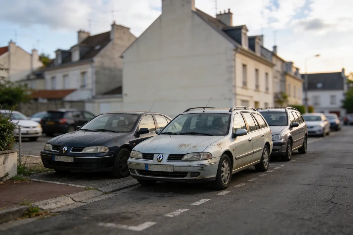 Voitures stationnées dans une rue résidentielle, maisons en arrière-plan, atmosphère tranquille.