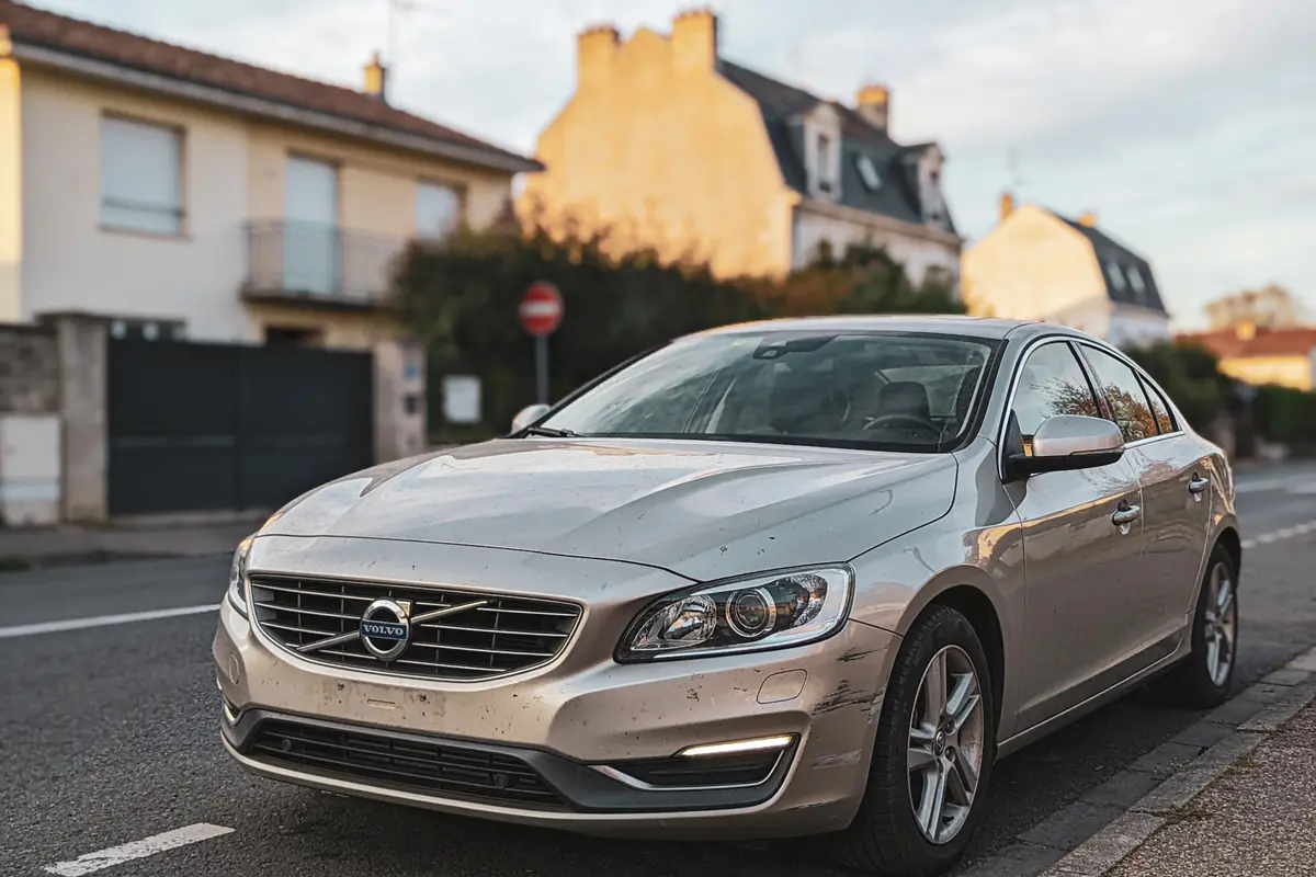 Voiture argentée Volvo garée en bordure de route, maisons en arrière-plan, ciel légèrement nuageux.