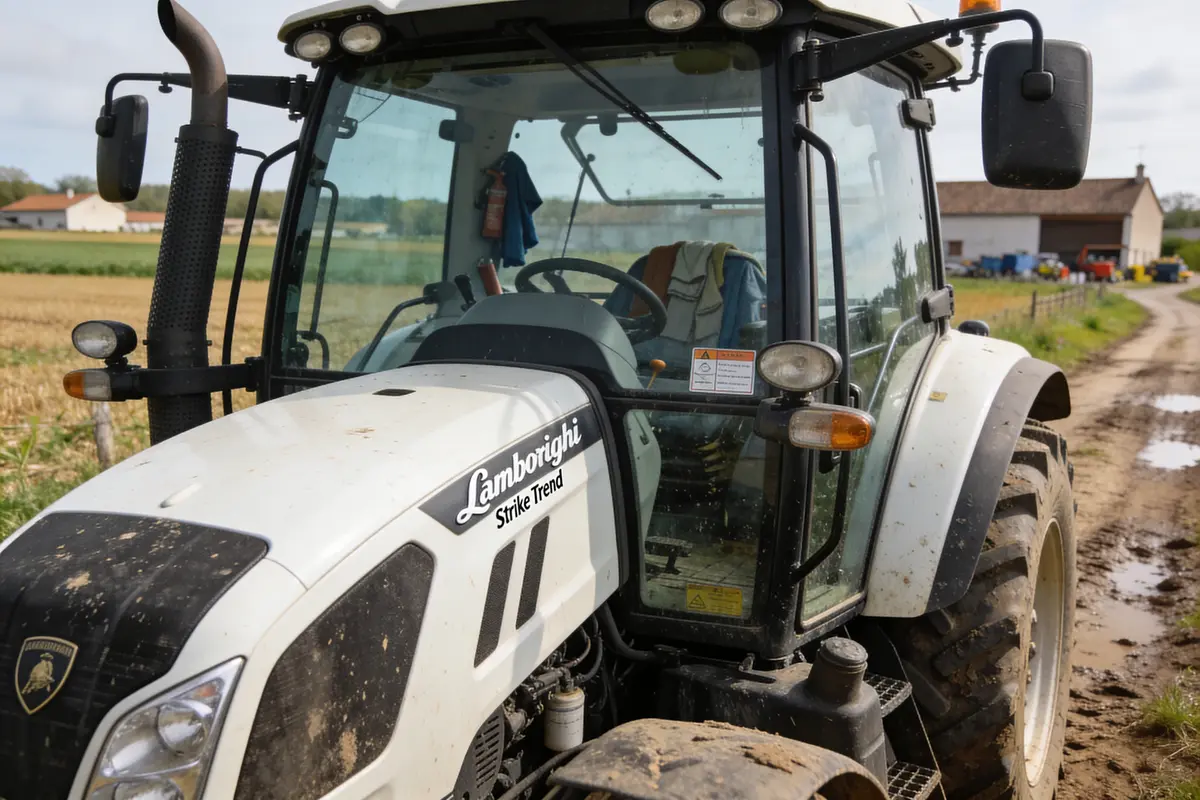 Tracteur Lamborghini Strike Trend blanc dans un champ boueux près d'une maison et d'équipements agricoles.