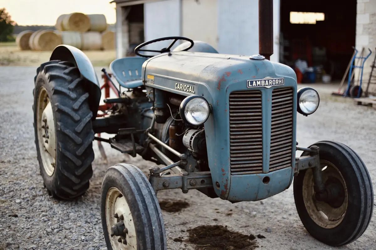 Tracteur vintage bleu "Lamborghini Carioca" garé sur sol en gravier, proche d'une grange.