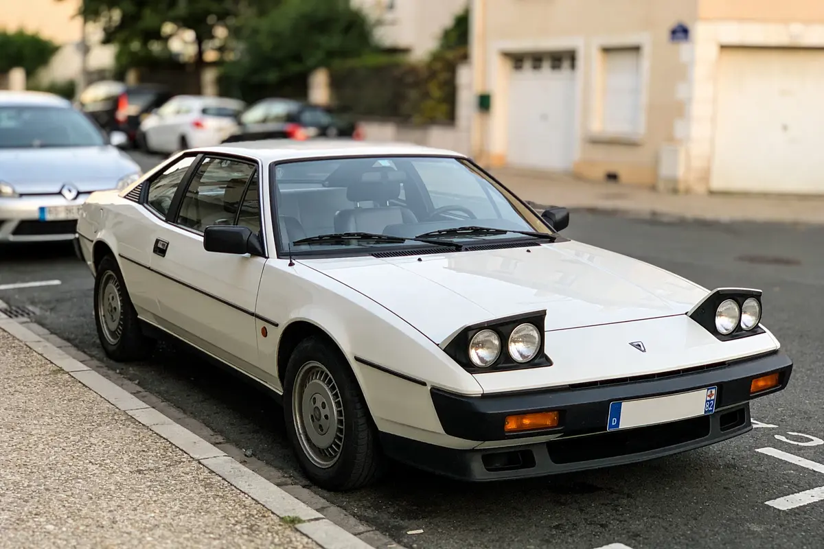 Voiture de sport blanche, phares escamotables, stationnée en ville, entourée d'autres véhicules.