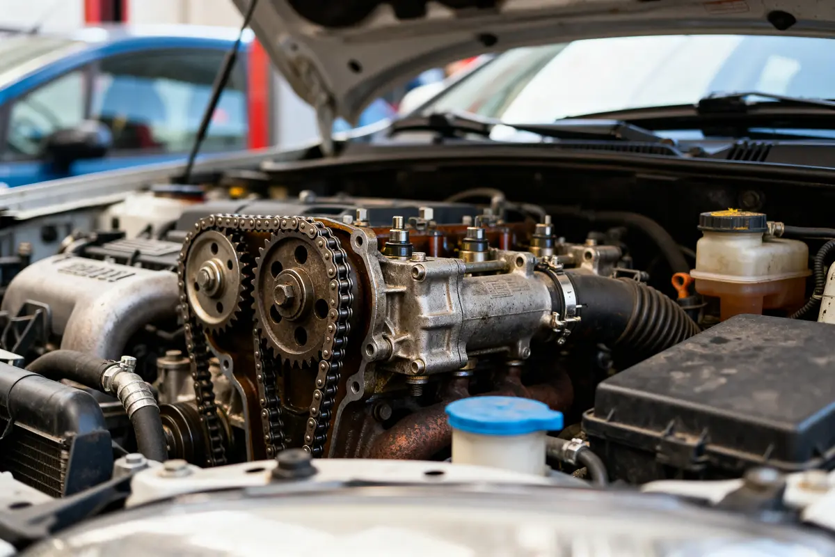 Vue rapprochée d'un moteur de voiture, exemple de moteurs de voiture à éviter