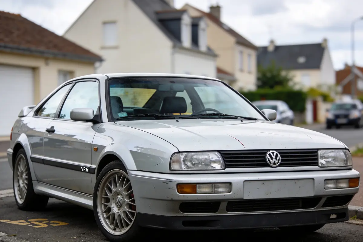 Voiture Volkswagen VR6 grise garée devant des maisons résidentielles en arrière-plan, milieu urbain.
