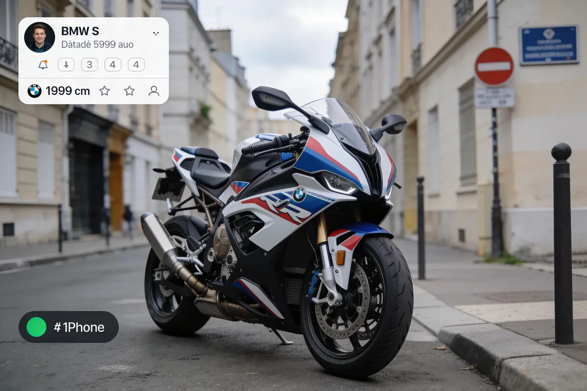 Moto BMW S1000RR stationnée dans une rue, bâtiments en arrière-plan, interface graphique affichée.