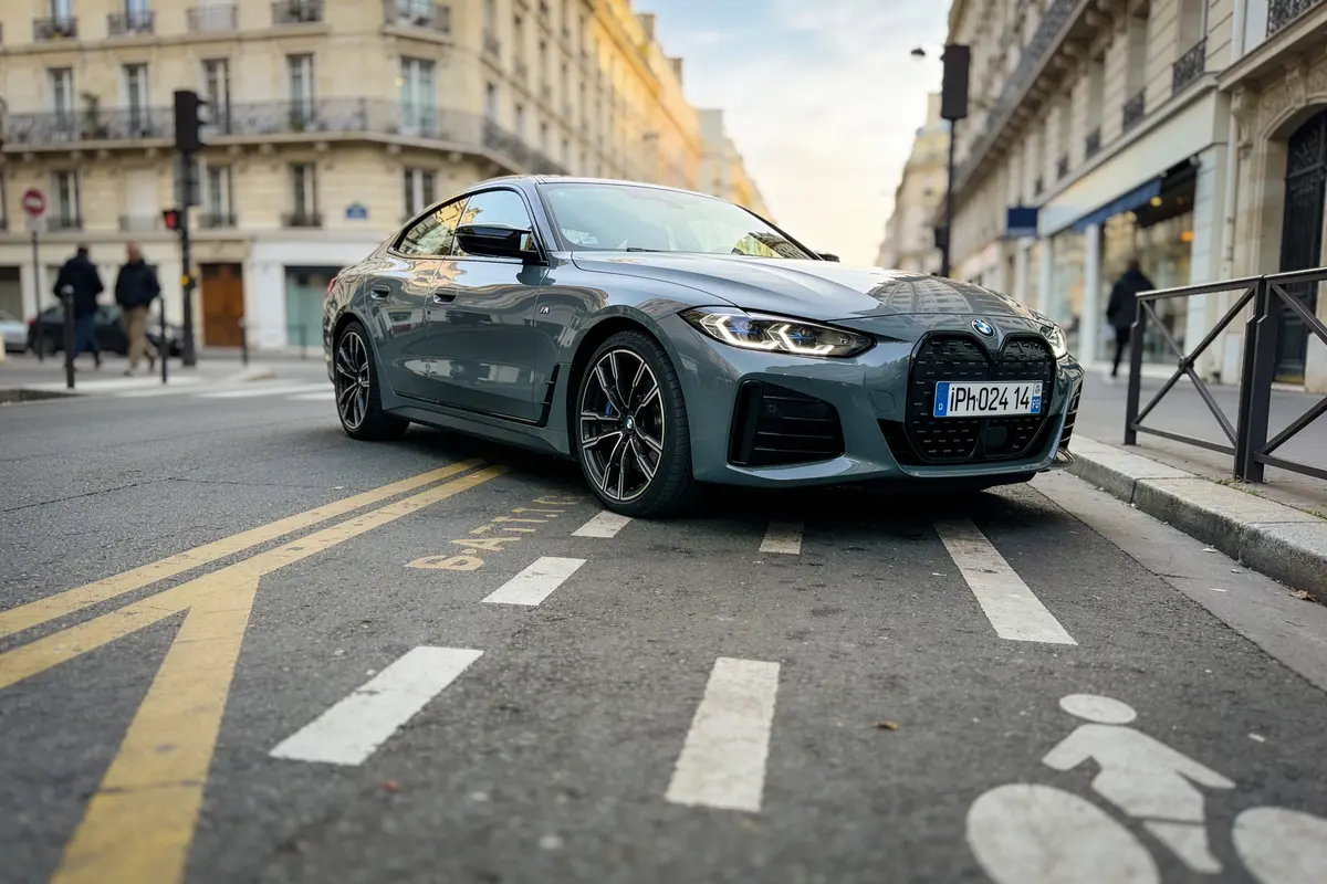 Voiture grise BMW sur piste cyclable, rue citadine avec immeubles anciens en arrière-plan.