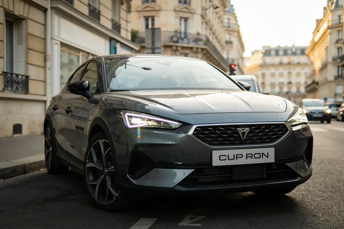 Voiture grise Cupra garée dans une rue parisienne, immeubles en arrière-plan.