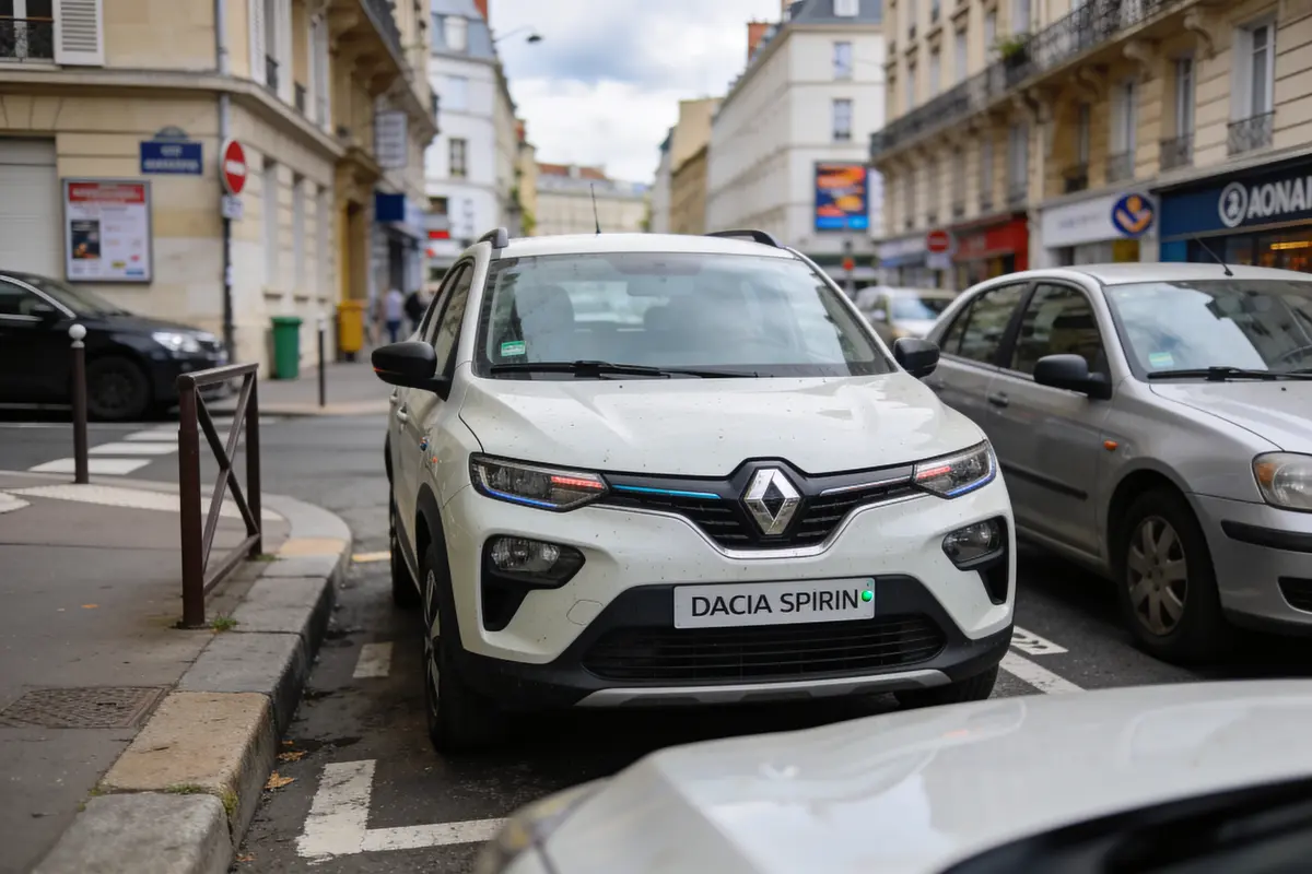 Voiture Renault blanche garée dans une rue urbaine, entourée d'autres voitures.