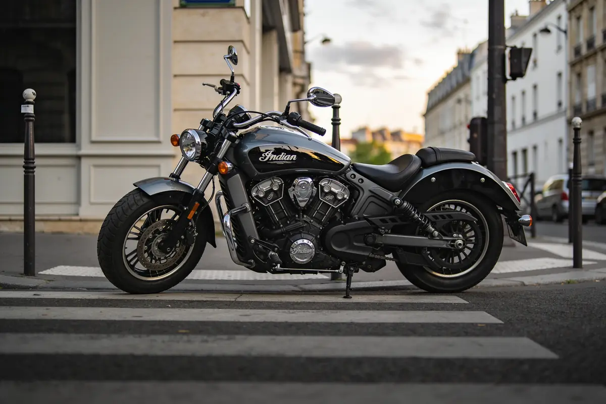 Moto Indian stationnée sur passage piéton urbain, bâtiments en arrière-plan éclairés par un ciel nuageux.