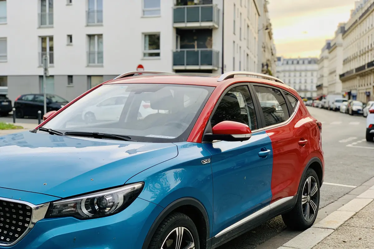 SUV tricolore bleu, rouge et argent garé en ville devant des immeubles résidentiels blancs, ciel ensoleillé.