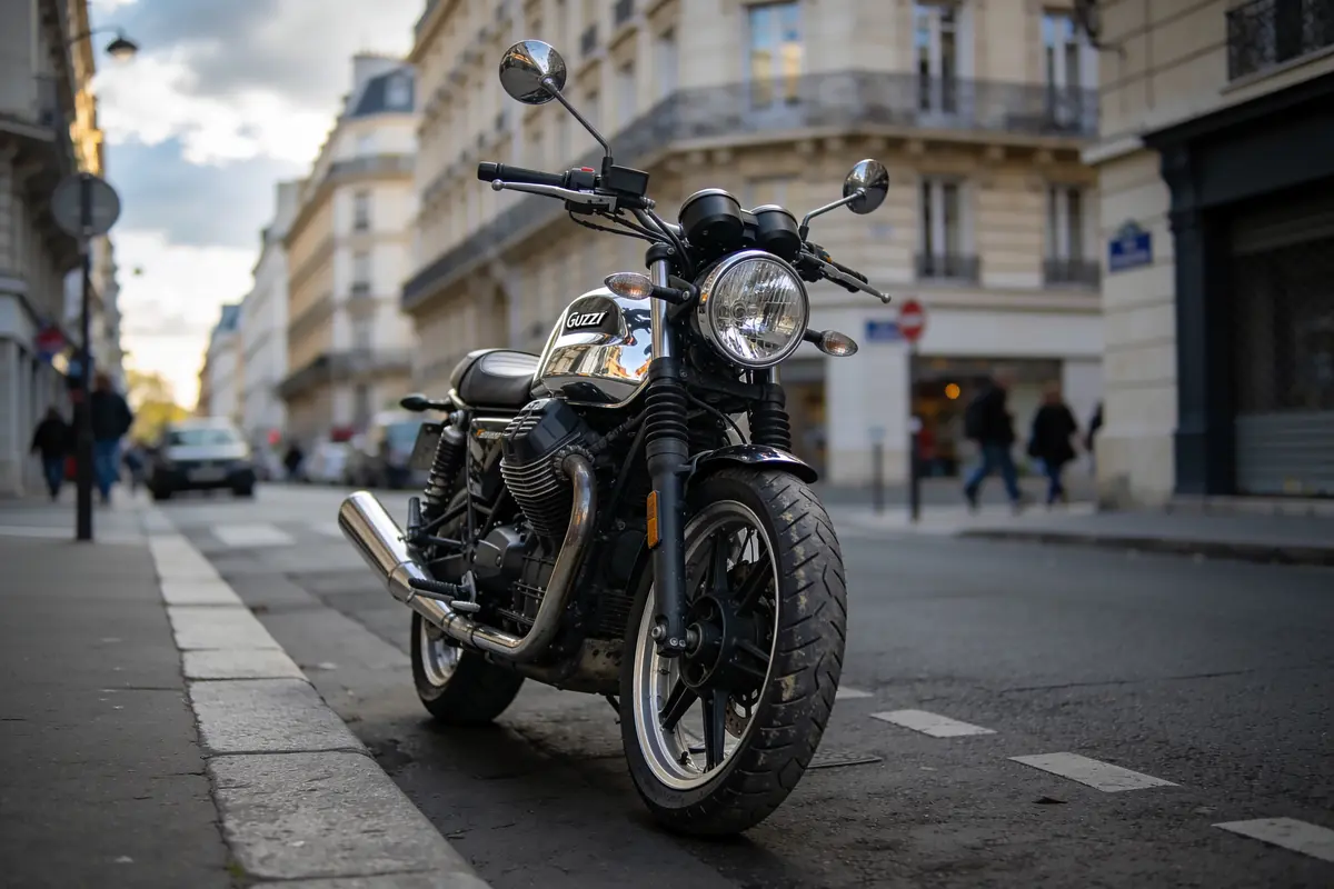 Moto stationnée dans une rue de ville européenne, bâtiments historiques en arrière-plan, ambiance citadine animée.