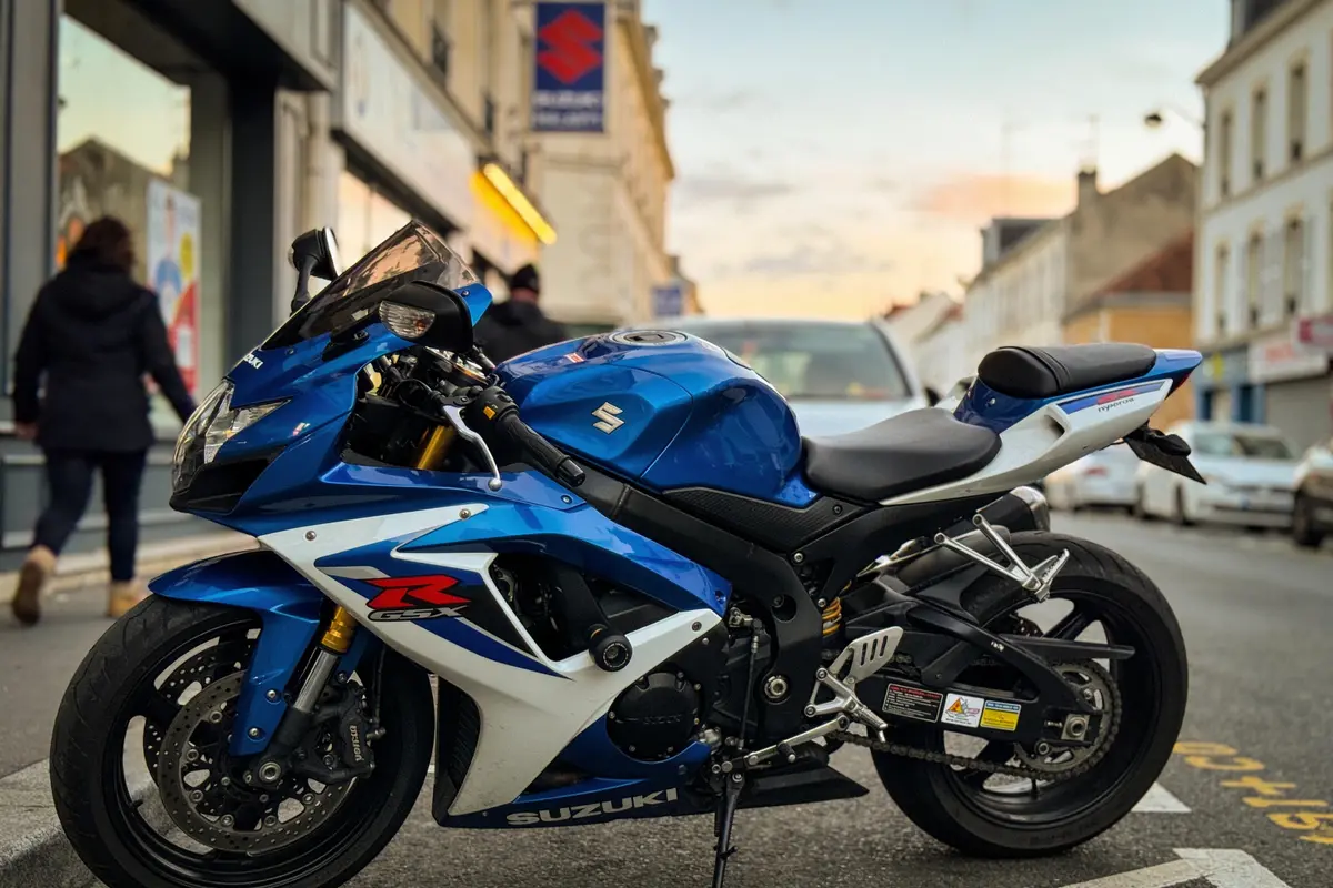 Moto sportive bleue garée dans une rue urbaine, arrière-plan de bâtiments et quelques passants.