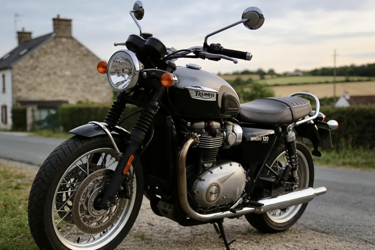 Moto Triumph stationnée devant maison en pierre, paysage rural en arrière-plan, ciel légèrement nuageux.