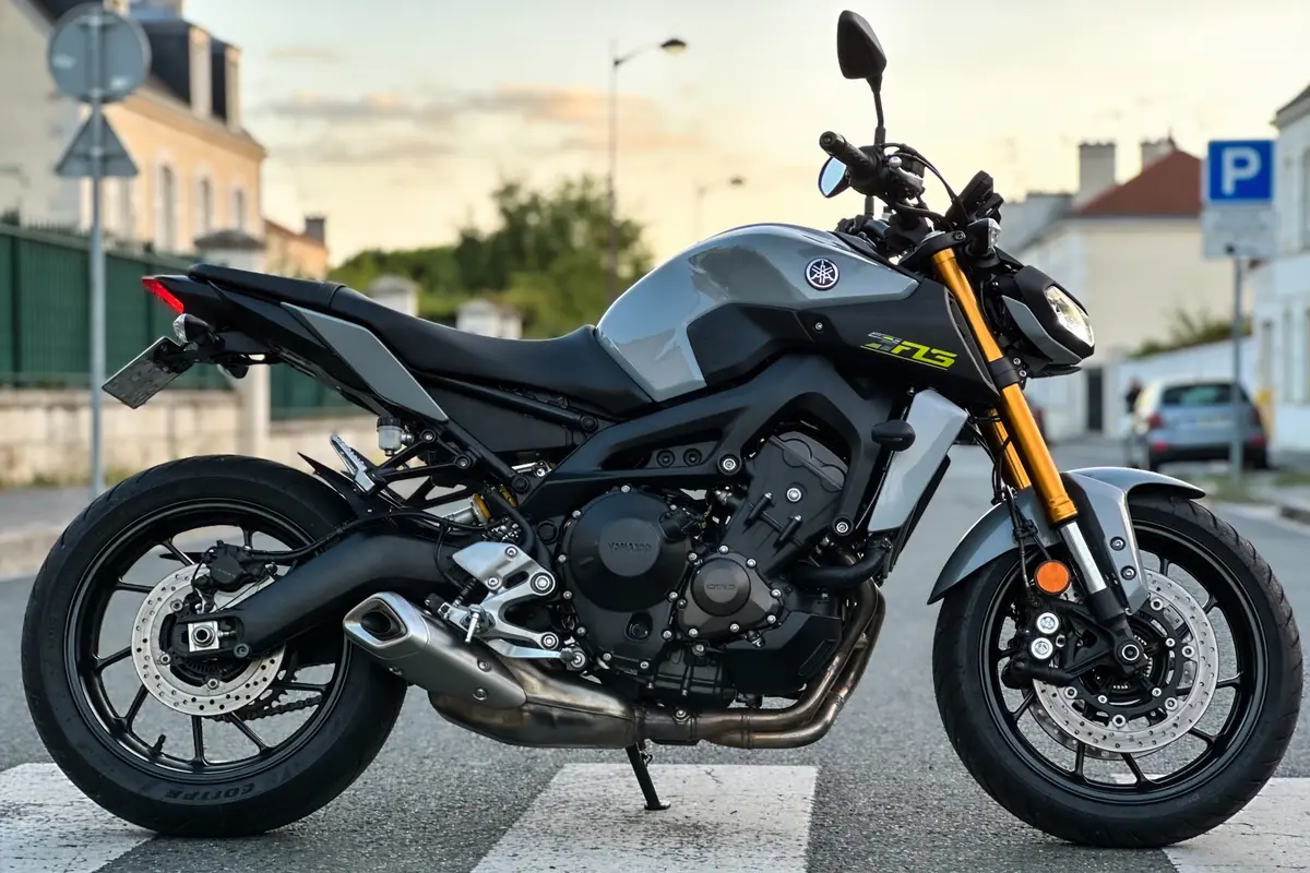 Moto grise stationnée sur une route urbaine, vue latérale, avec bâtiments en arrière-plan.