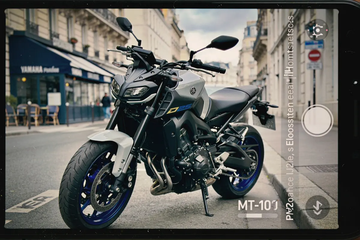 Moto Yamaha MT-10 grise et noire garée dans une rue parisienne, devant un café.