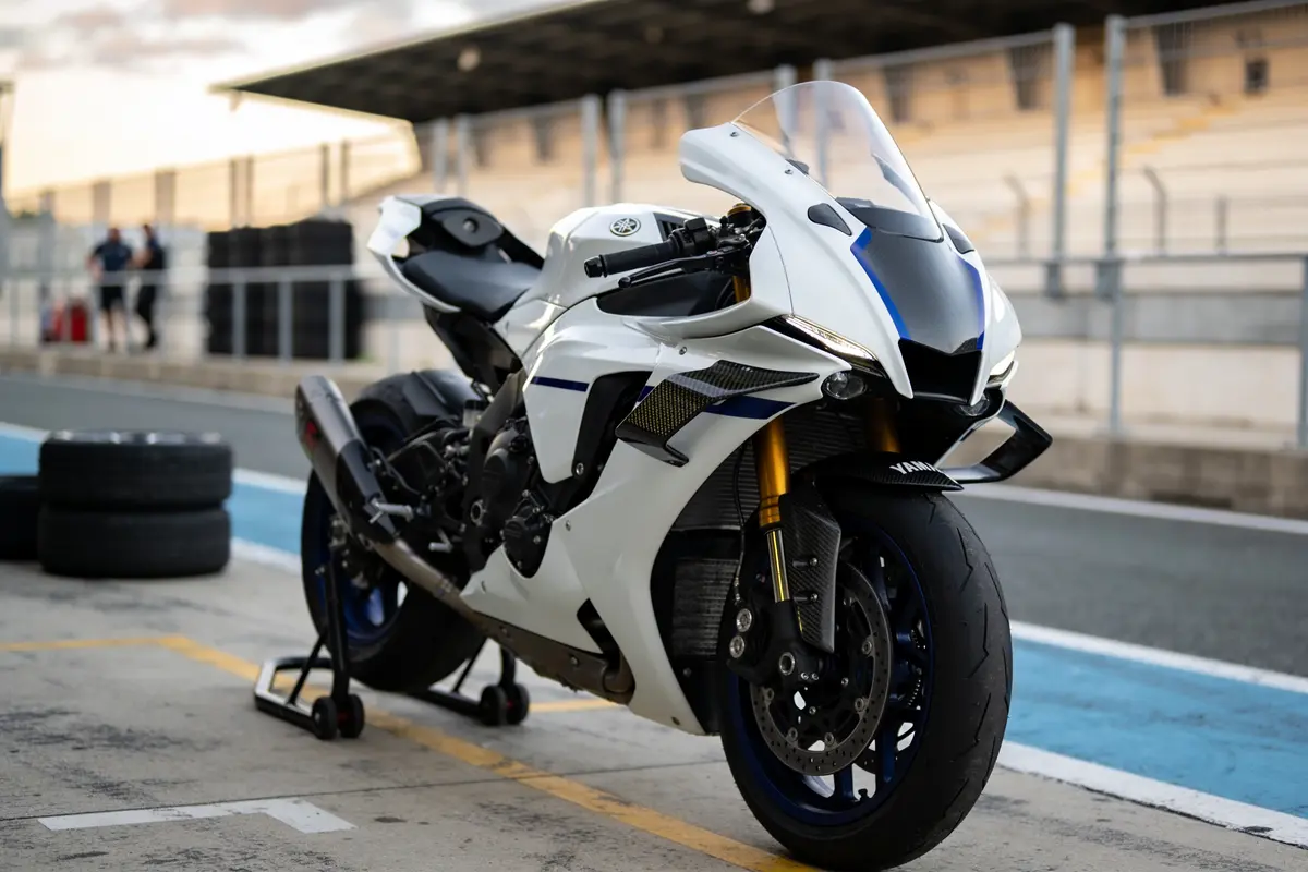 Moto blanche de sport sur piste, avec pneus de rechange, au bord d'un circuit.