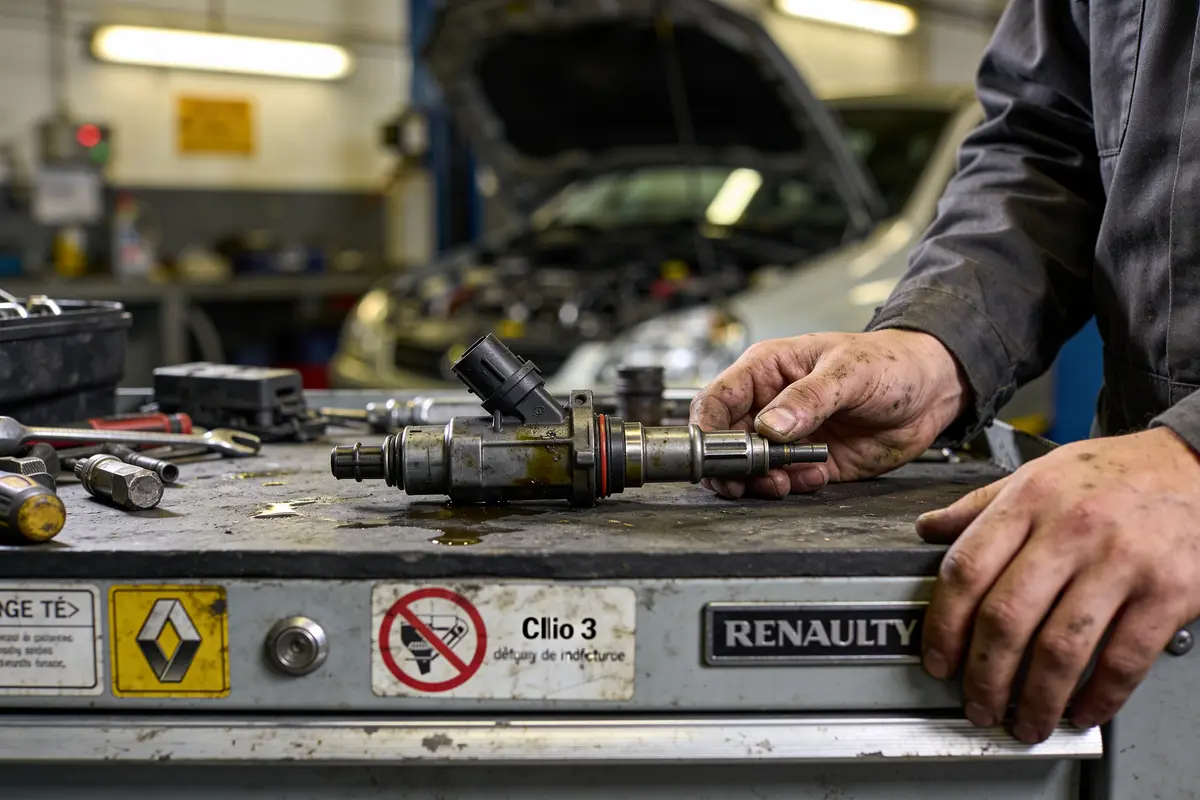 Mécanicien inspectant une pièce automobile sur établi, voitures en arrière-plan, outils éparpillés, fond de garage.