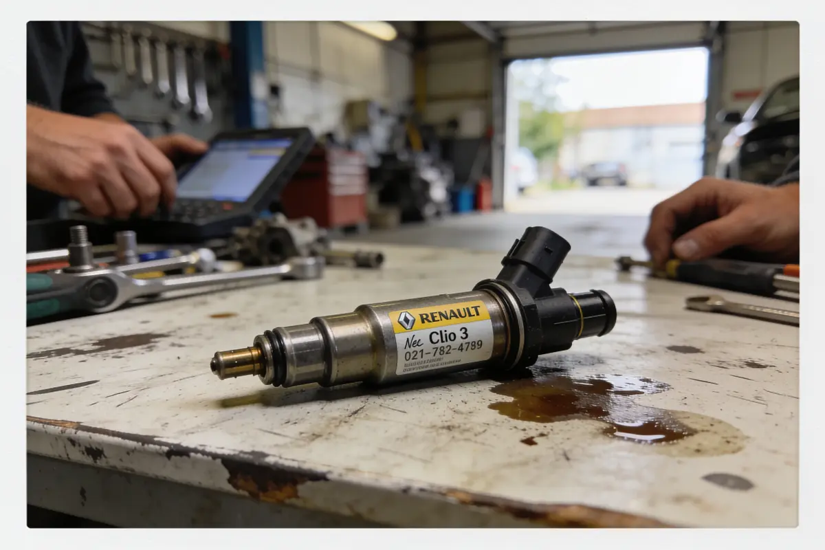 Injecteur de voiture Renault Clio 3 sur établi, deux personnes travaillant avec outils et ordinateur portable.