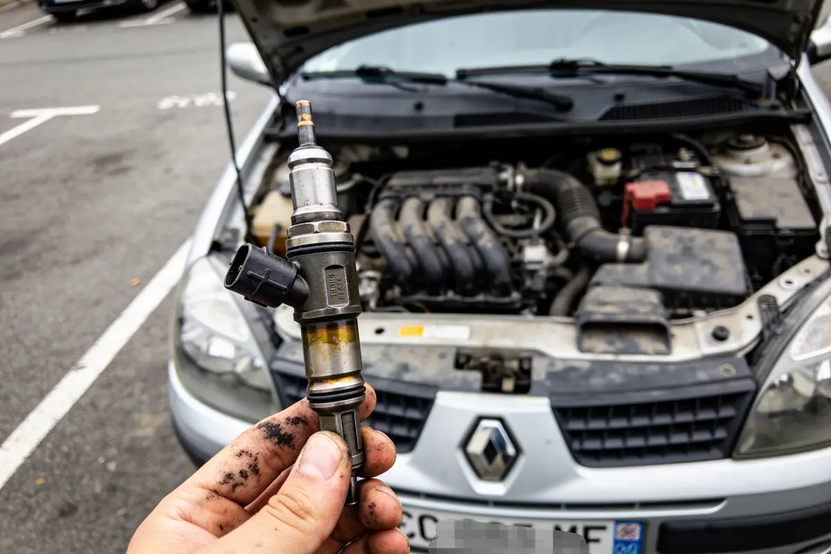 Moteur de voiture Renault ouvert, main tenant une pièce injecteur usagée, fond flou de moteur.