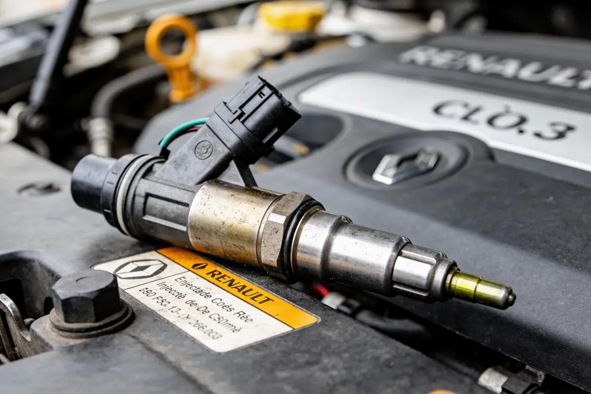 Injecteur de carburant posé sur un moteur Renault, étiquette visible.