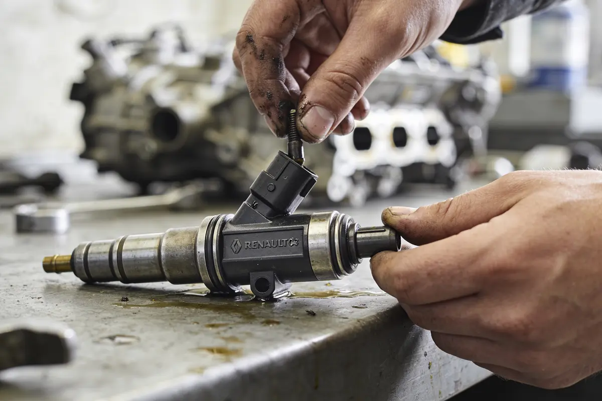 Mains ajustant un injecteur de carburant Renault sur table d'atelier, arrière-plan flou.