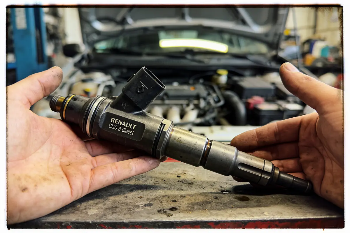 Main tenant un injecteur Renault Clio 3 Diesel dans un garage, capot ouvert en arrière-plan.