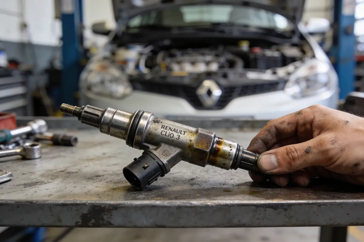 Injecteur de voiture Renault Clio 3, posé sur un établi, main sale le tenant, voiture en arrière-plan.