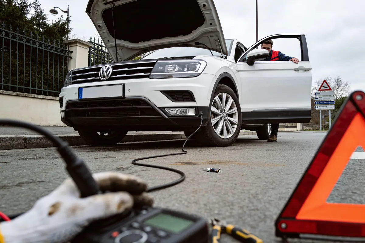 Homme changeant l'huile d'un SUV blanc Volkswagen avec outils et entonnoir dans un parking.