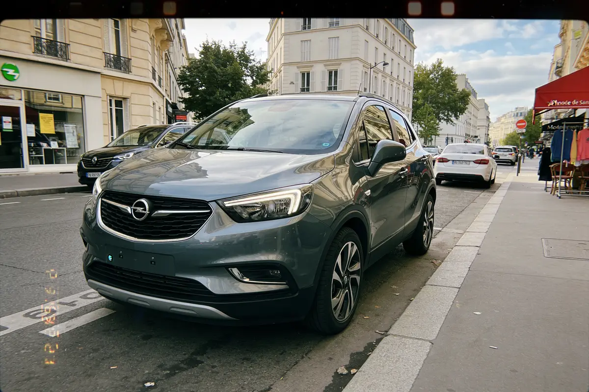 SUV gris garé dans une rue urbaine avec bâtiments et boutiques en arrière-plan.