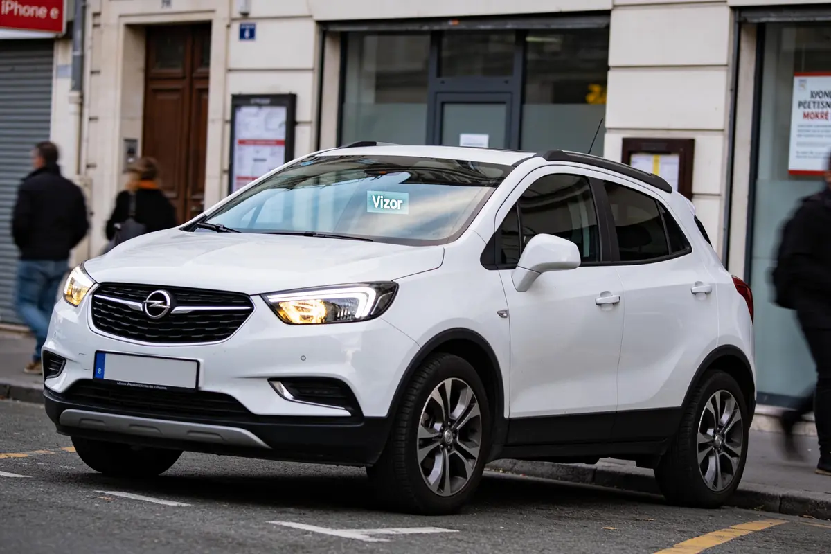 SUV blanc Opel garé dans une rue urbaine, passants flous en arrière-plan.