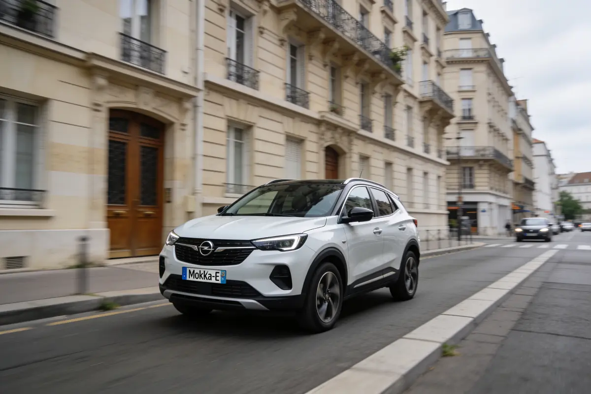 SUV Opel Mokka-e blanc roulant dans une rue urbaine avec immeubles résidentiels en arrière-plan.