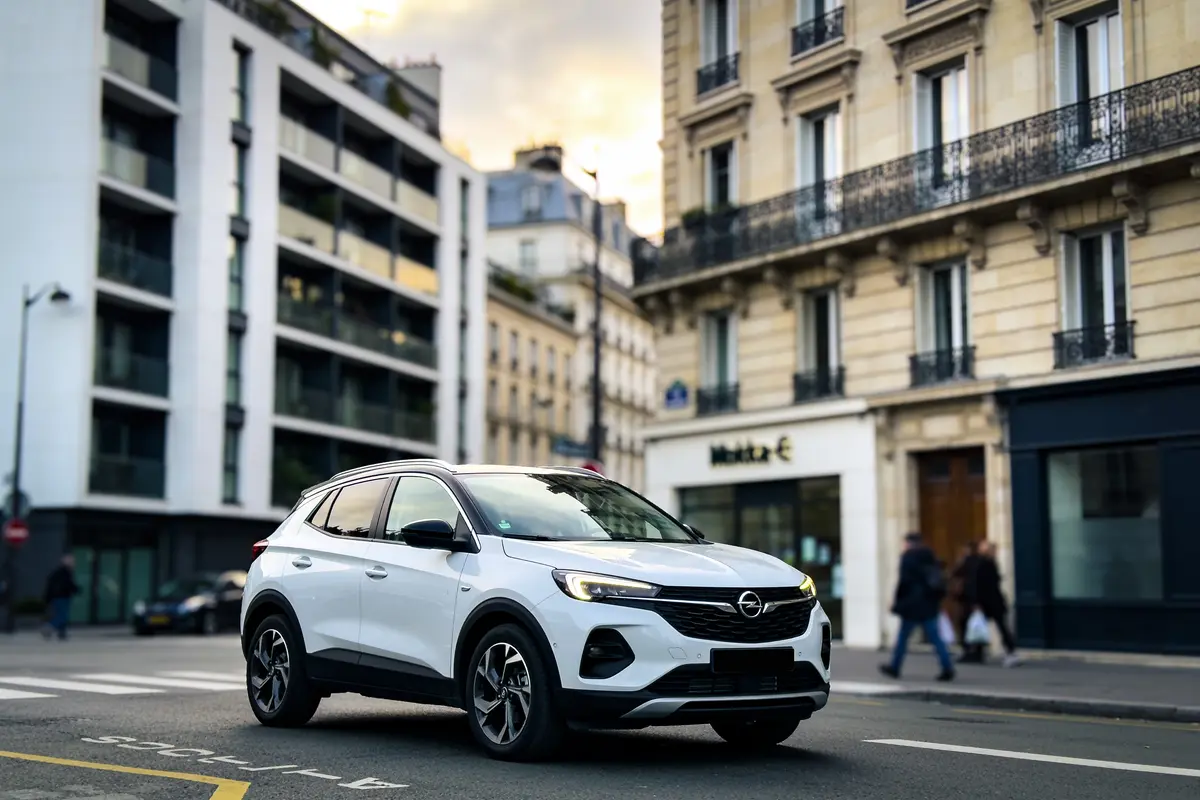 SUV blanc en ville, bâtiments haussmanniens en arrière-plan, rue passante, ambiance urbaine, ciel nuageux.