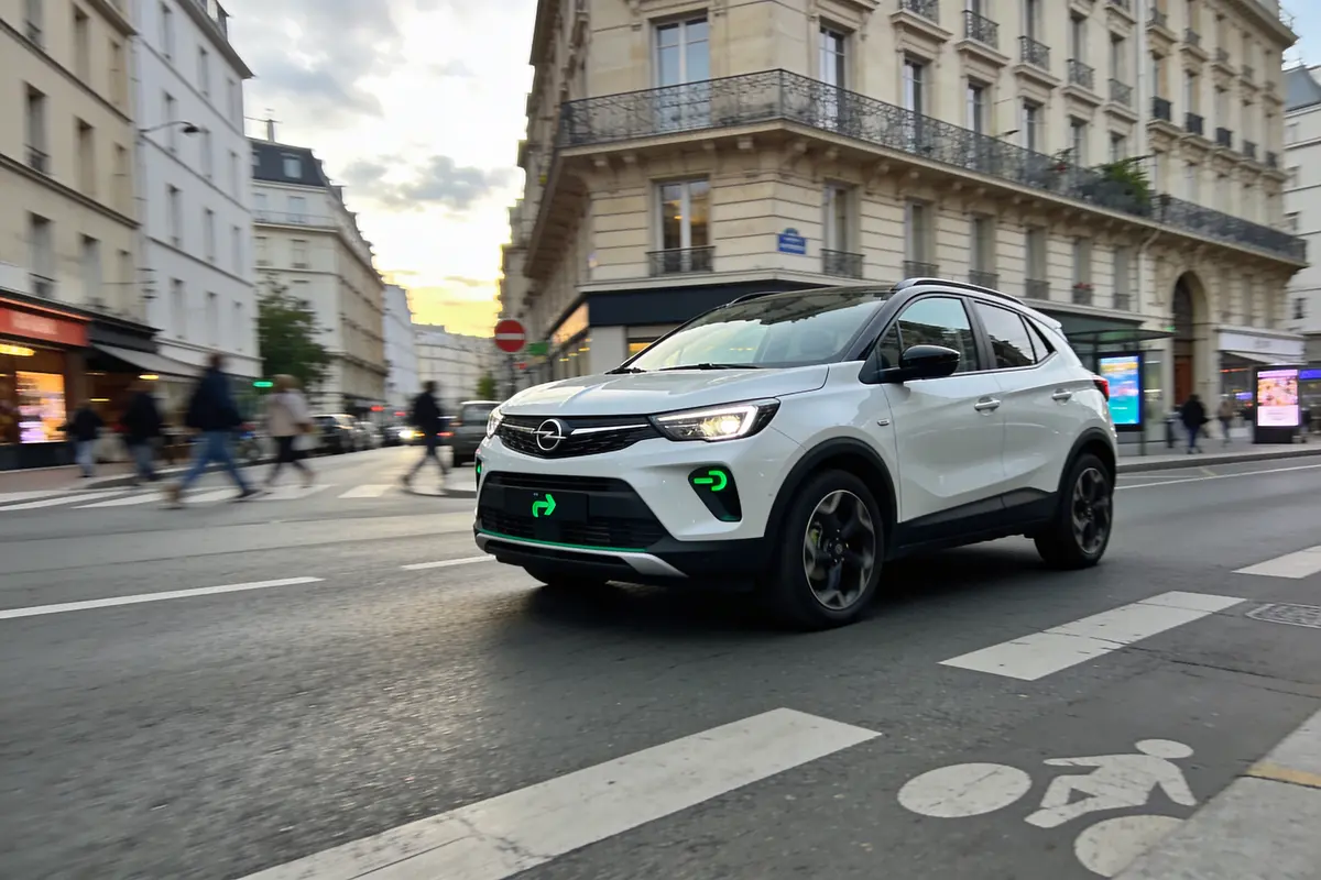 SUV gris garé devant des maisons, sur une rue pavillonnaire. Véhicule moderne et bien entretenu.